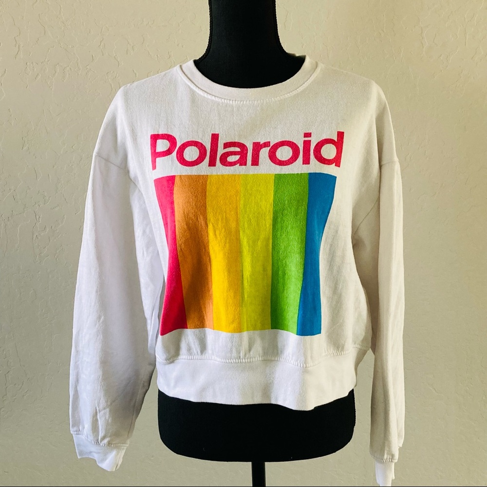 Polaroid White Long Sleeve Cropped Crew Neck Sweater / Size Large